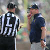 California Golden Bears head coach Justin Wilcox argues a call with the referee during a game between the California Golden Bears and the Notre Dame Fighting Irish on September 17, 2022 at Notre Dame Stadium, in South Bend, IN.