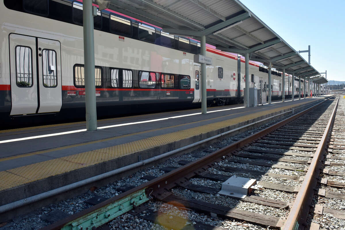 A view from the causeway of the new electric Caltrain, on display during a media preview event at the Fourth and King station, in San Francisco, on Sat. Sept. 24, 2022. 