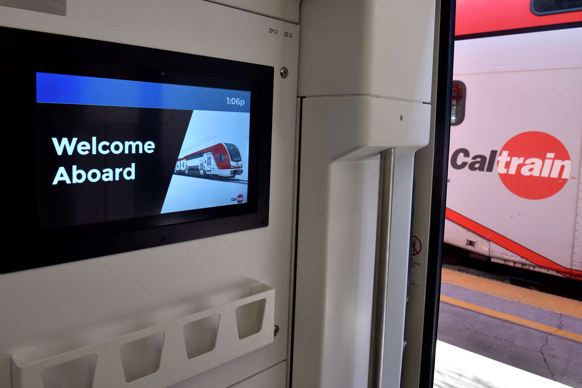 A detail view of the new electric Caltrain, on display during a media preview event at the Fourth and King station, in San Francisco, on Sat. Sept. 24, 2022. 