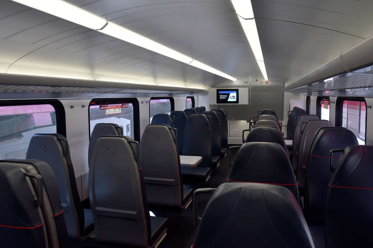 An interior view of the new electric Caltrain, on display during a media preview at the 4th and King station, in San Francisco, on Saturday.  24 September 2022. 