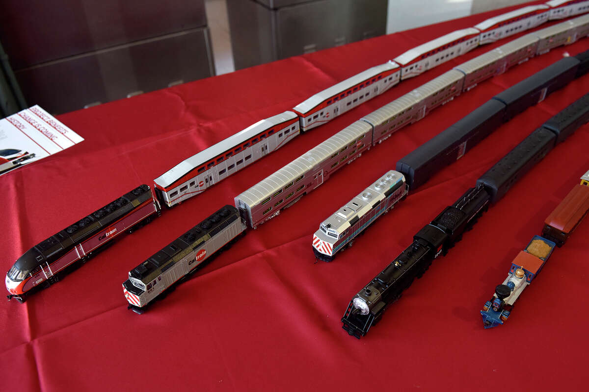 Model trains inside the 4th and King  station show different versions of Caltrain throughout the years. 
