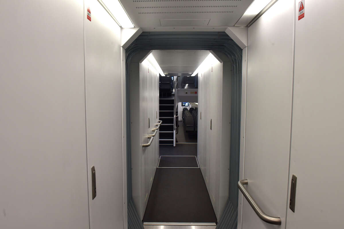The Star Wars-esque passageway inside the new electric Caltrain, on display during a media preview event at the 4th and King station, in San Francisco, on Sat. Sept. 24, 2022. 