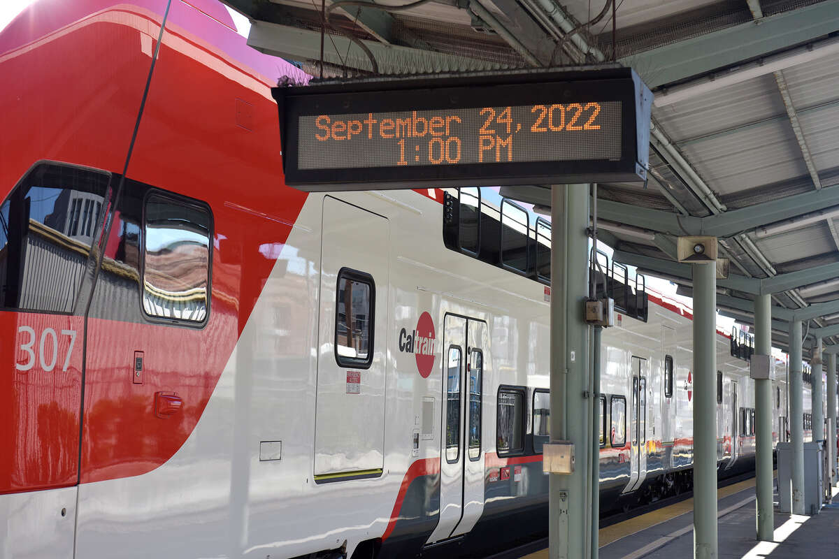A side view of the new electric Caltrain, on display during a media preview event at the 4th and King station, in San Francisco, on Sat. Sept. 24, 2022. 