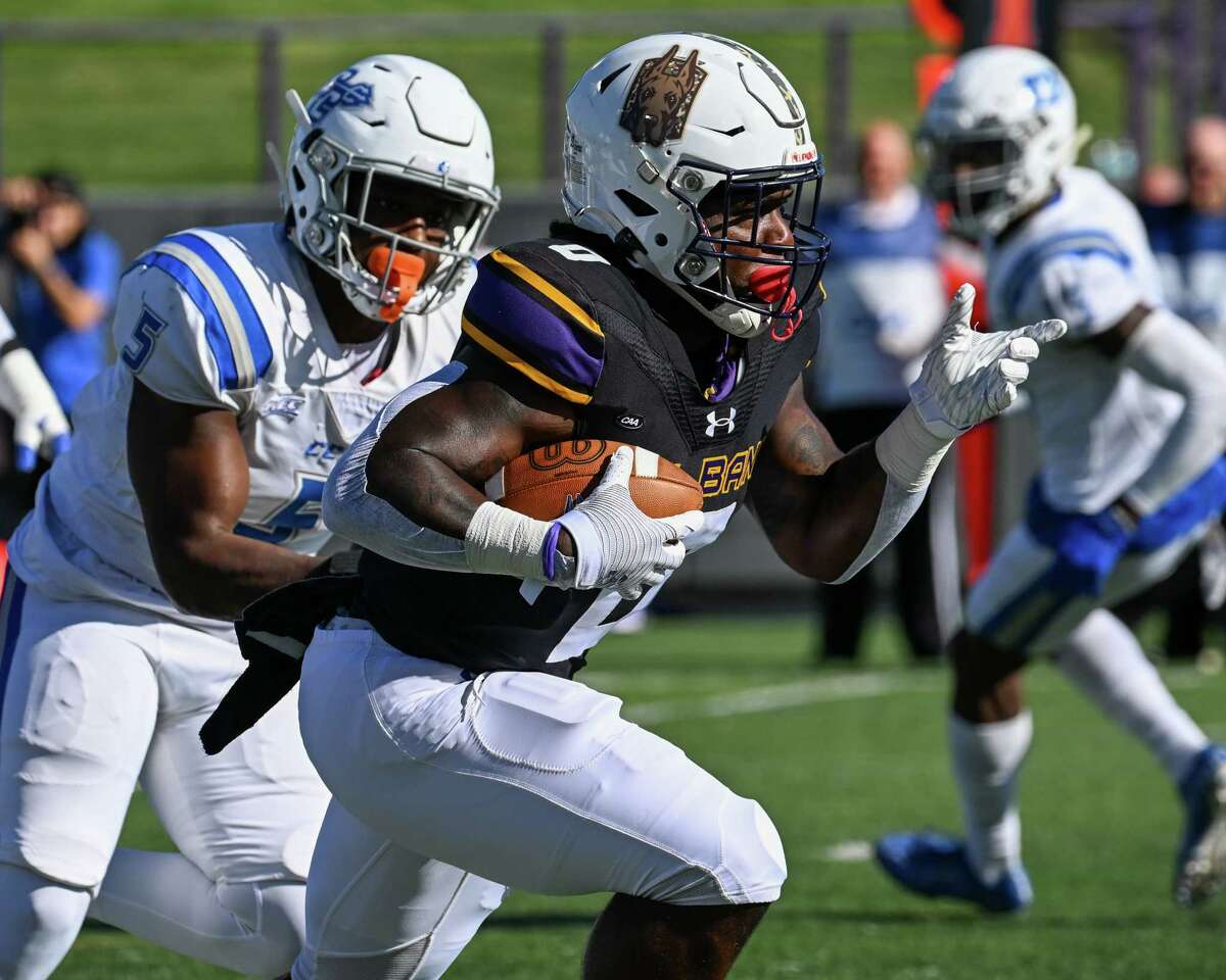 UAlbany running back Todd Sibley breaks a long touchdown run during a game against Central Connecticut at Casey Stadium on the UAlbany campus in Albany, NY, on Saturday, Sept. 24, 2022. (Jim Franco/Special to the Times Union)
