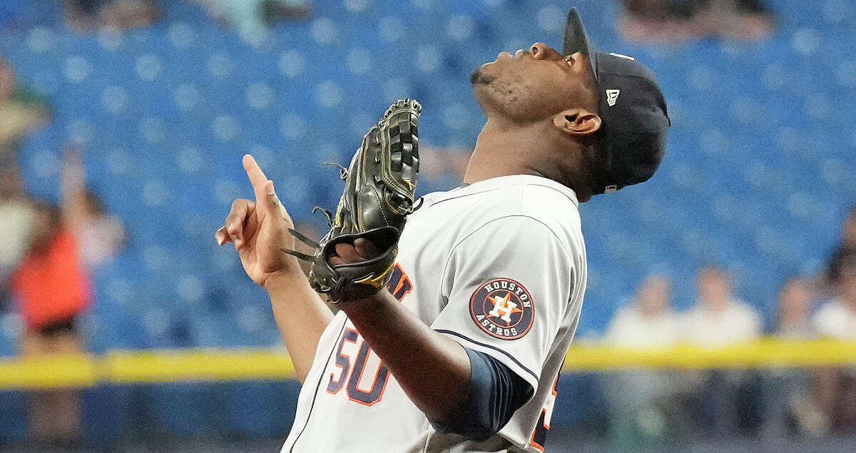 Houston Astros relief pitcher Hector Neris (50) reacts after striking out Tampa Bay Rays Yandy Diaz to end an MLB baseball game at Tropicana Field on Monday, Sept. 19, 2022 in St. Petersburg. By beating the Tampa Bay Rays 4-0 as they clinched the AL West.