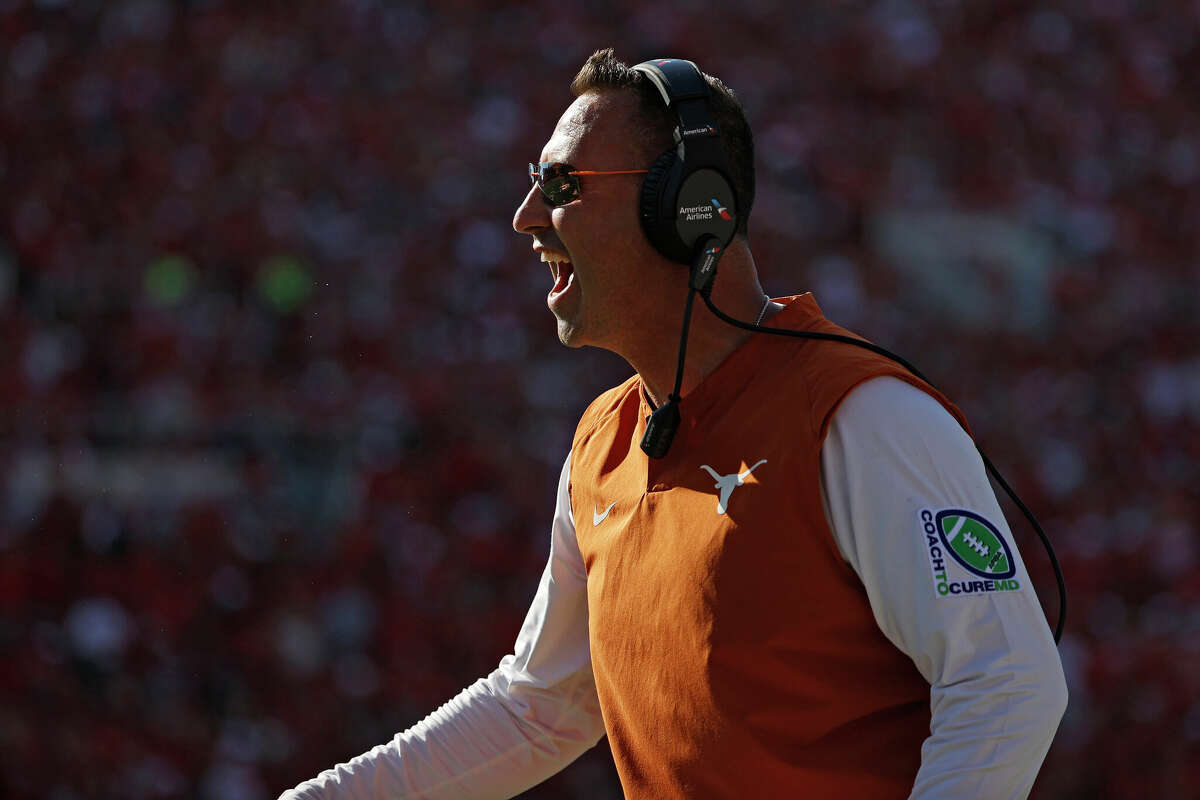 Texas coach Steve Sarkisian yells to his players during the second half of an NCAA football game against Texas Tech, Saturday, Sept. 24, 2022, in Lubbock, Texas. 