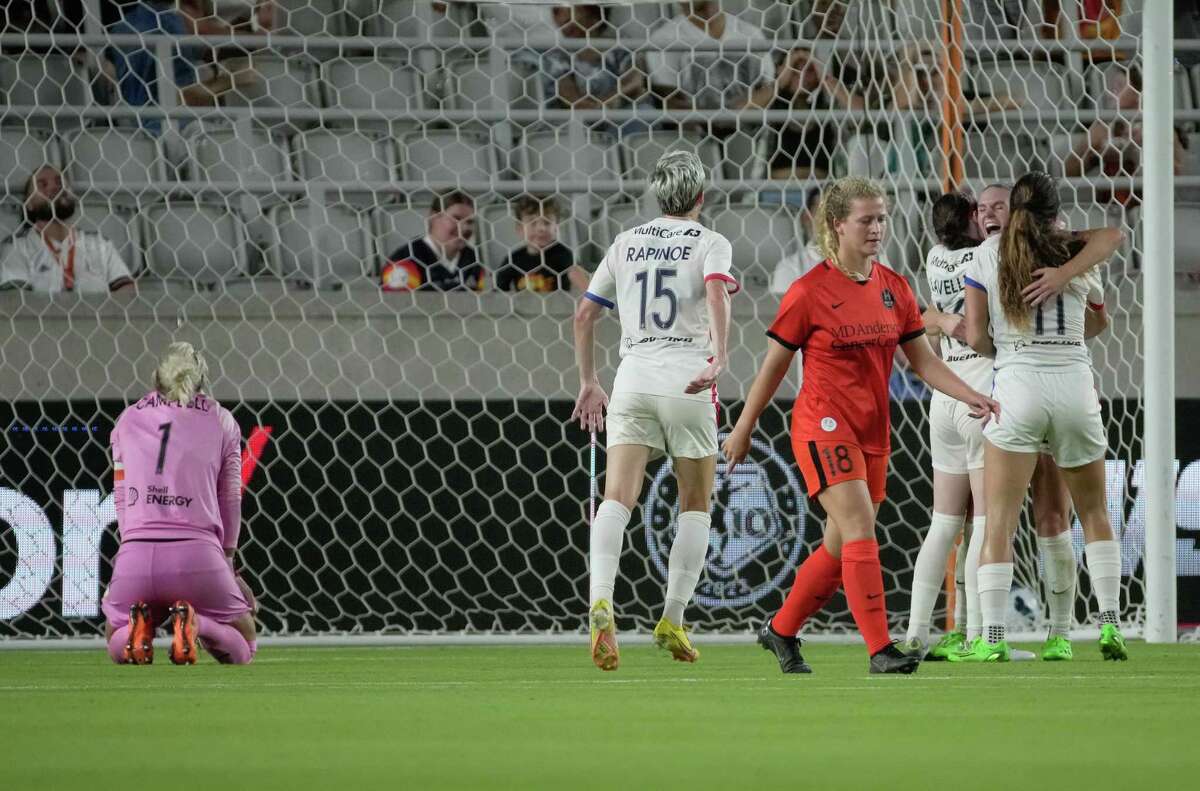 OL Reign forward Veronica Latsko (24) reacts to her goal against the Houston Dash during the second half of a NWSL match Saturday, Sept. 24, 2022, at PNC Stadium in Houston. Houston Dash lost 2-0 to OL Reign.