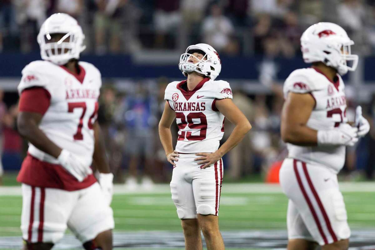 Arkansas kicker Cam Little reacts after missing a field goal during the closing minutes Saturday against Texas A&M in Arlington.