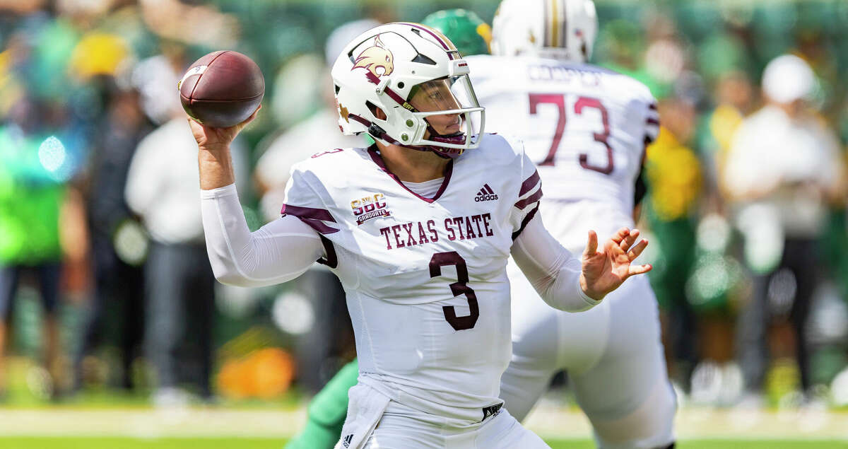 Texas State quarterback Layne Hatcher (3) is seen during an NCAA football game against Baylor on Saturday, Sept. 17, 2022, in Waco, Texas. Baylor won 42-7. (AP Photo/Brandon Wade)