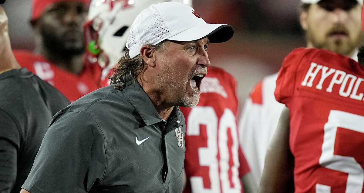Houston Cougars head coach Dana Holgorsen yells at his defense in the fourth quarter of a football game against the Rice Owls Saturday, Sept. 24, 2022, in Houston.