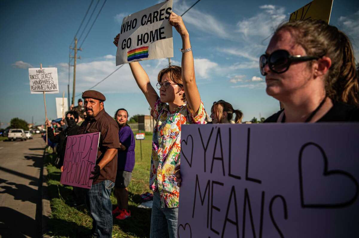 Members of the LGBTQIA+ community and ANTIFA gather outside of First Christian Church to show their support while a “Drag Bingo” event was being held inside the church, on Saturday, September 24, 2022 in Katy, TX. Over 100 protesters, including Proud Boys, Aryan Freedom Network and various church groups, were protesting against the event, from the opposite side of the street.