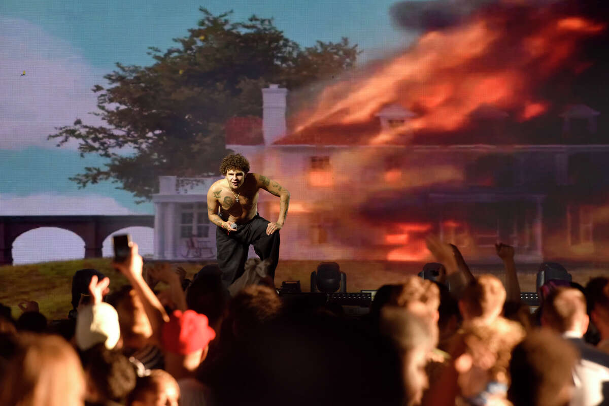 Slowthai performs inside the Ship Tent at Portola Music Festival on Saturday.