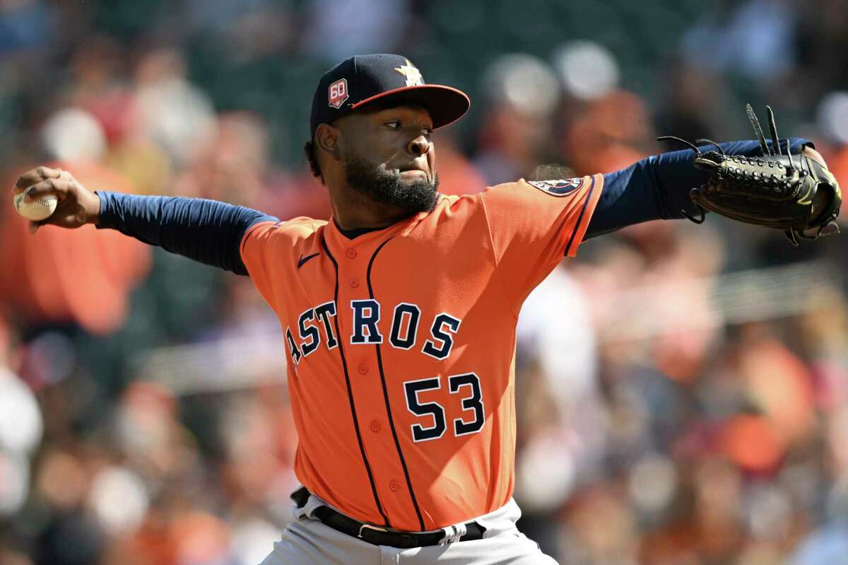 Houston Astros pitcher Christian Javier delivers against the Baltimore Orioles in the first inning of a baseball game, Sunday, Sept. 25, 2022, in Baltimore. (AP Photo/Gail Burton)