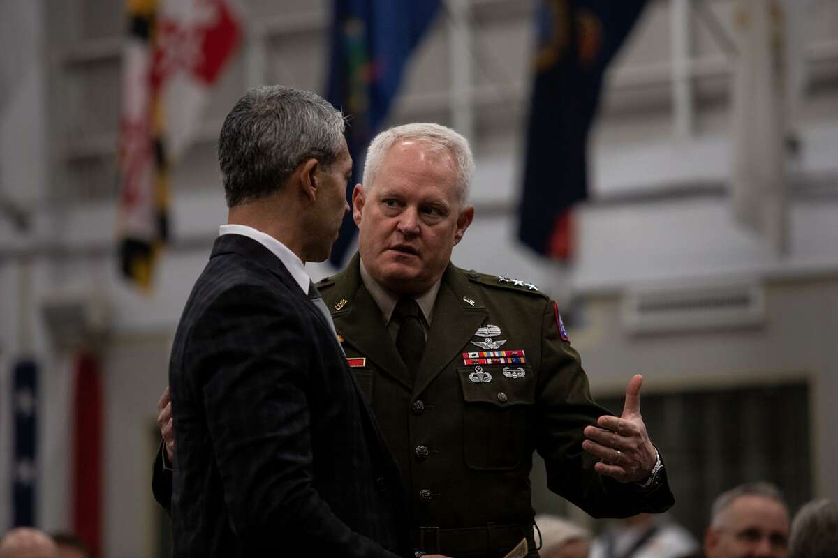 Lt. Gen. John R Evans Jr., the commander of U.S. Army North, (right) speaks with San Antonio Mayor Ron Nirenberg before a ceremony for Gold Star Mothers and Families at Joint Base San Antonio-Fort Sam Houston on Sunday. (Kaylee Greenlee Beal/Contributor)
