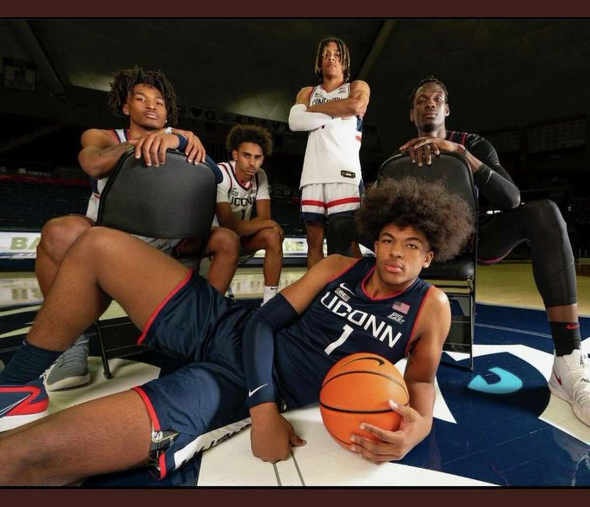 UConn's "Fab 5" recruiting class of (front row) Jaylin Stewart and (back row, left to right) Stephon Castle, Jayden Ross, Solomon Ball and Youssouf Singare.