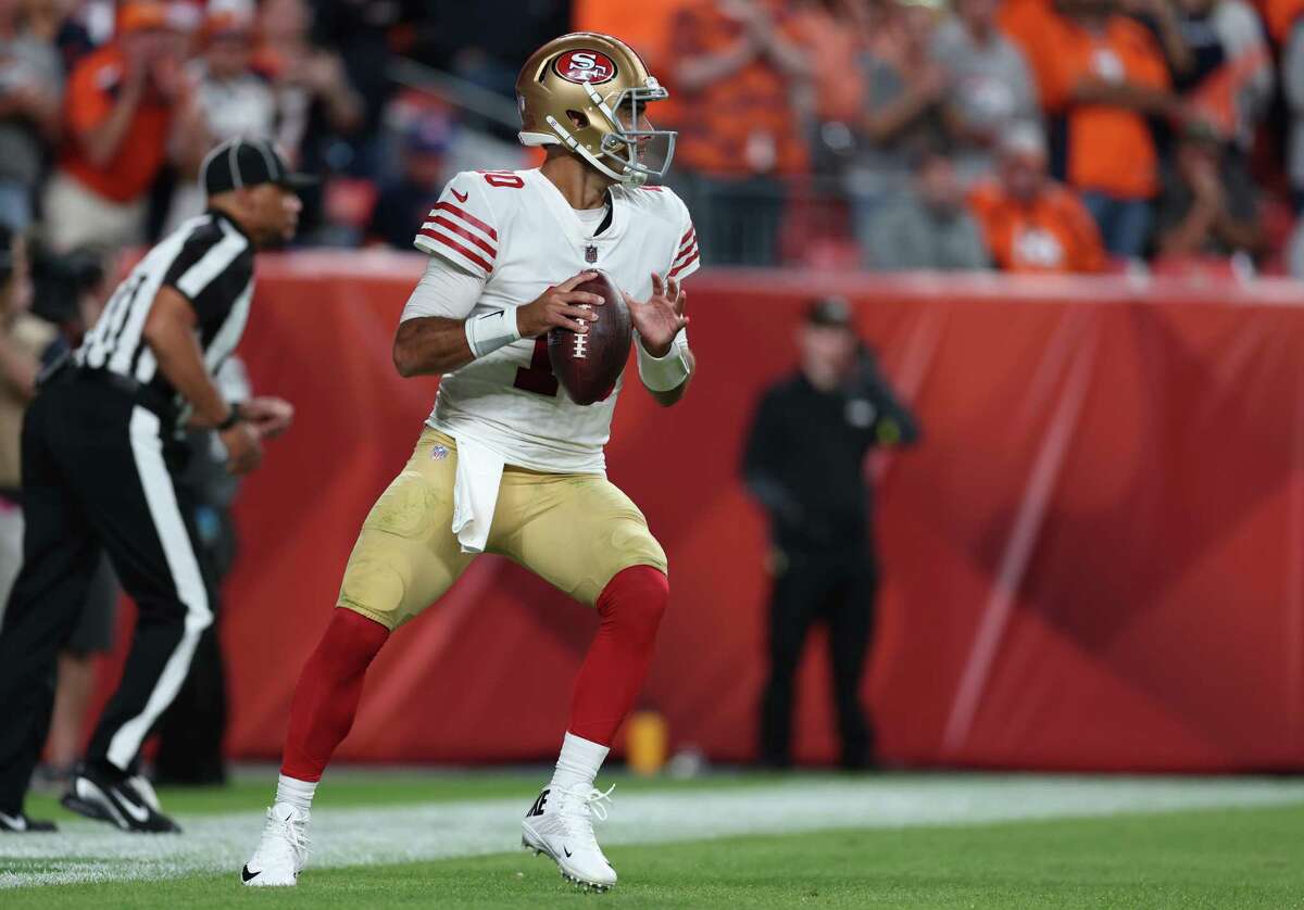 DENVER, COLORADO - SEPTEMBER 25: Jimmy Garoppolo #10 of the San Francisco 49ers steps out of the back of the end zone resulting in a safety during the third quarter against the Denver Broncos at Empower Field At Mile High on September 25, 2022 in Denver, Colorado.
