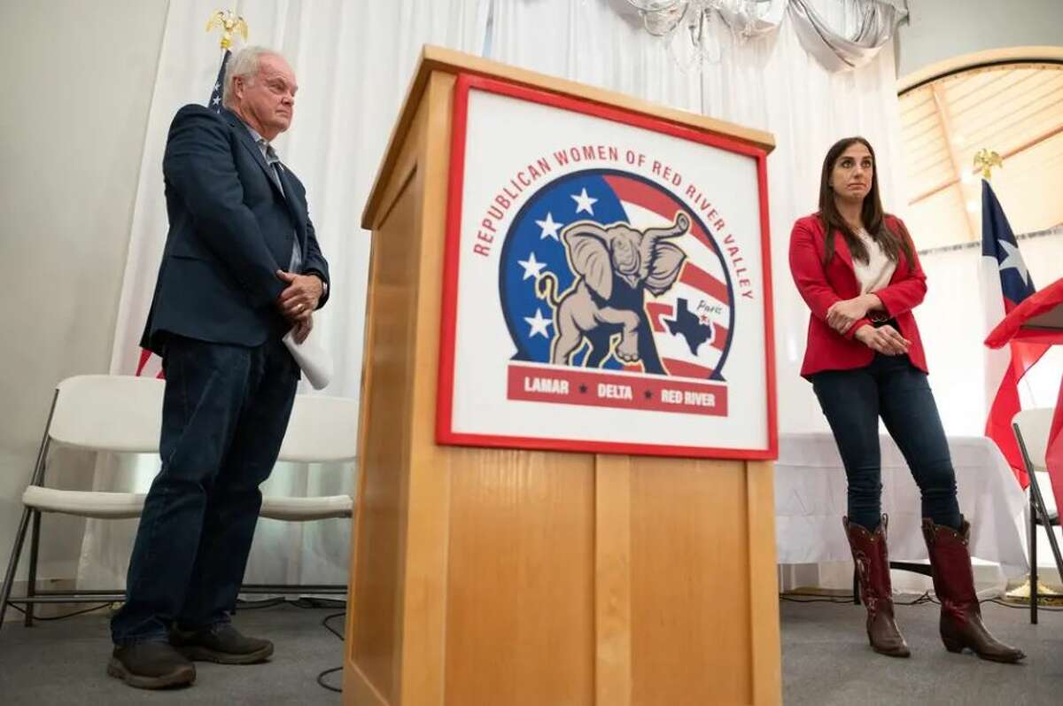 Incumbent Railroad Commissioner Wayne Christian (left) and Republican primary challenger Sarah Stogner spoke during a forum hosted by the Republican Women of Red River Valley in Paris, Texas, on April 26, 2022. Credit: Ben Torres for The Texas Tribune