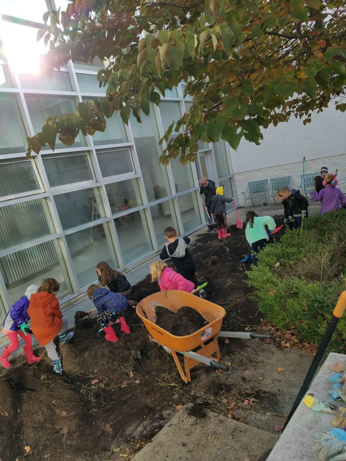Ridgebury Elementary School students pitched in to help clean up their school's courtyard.