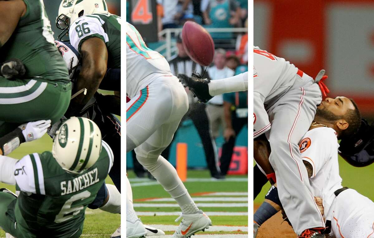 Mark Sanchez and the Jets has the butt fumble in 2012 (left), Thomas Morstead and the Dolphins had the butt punt in 2022 (middle) and Jonathan Villar and the Astros had the butt slide in 2013 (right). 