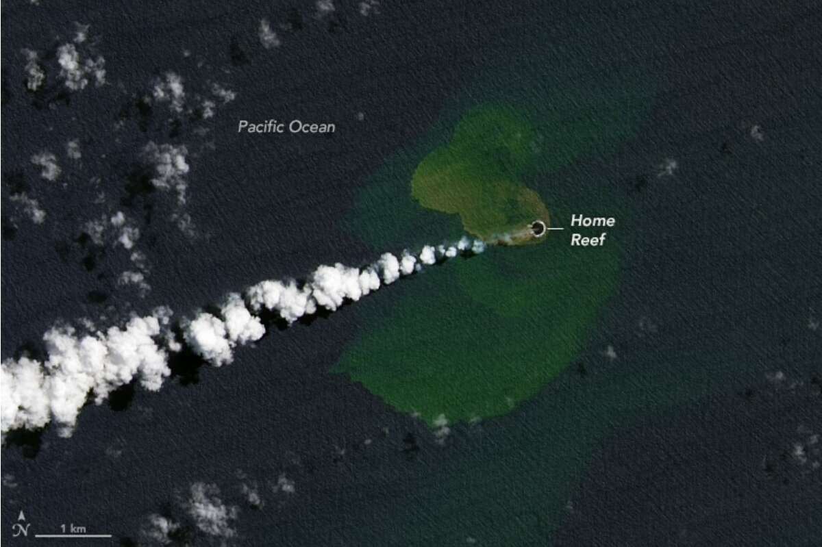 An image from NASA's Landsat-9 satellite showing the eruption of the Home Reef underwater volcano on Sept. 14, 2022. 