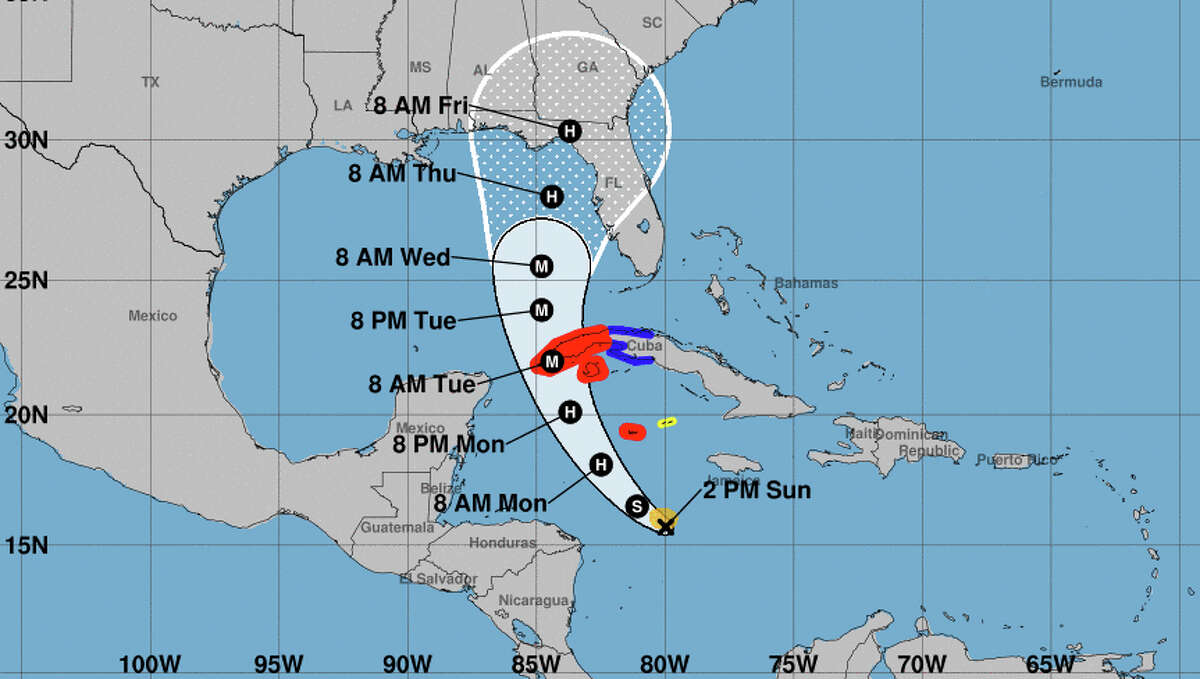 Then-Tropical Storm Ian's projected path as of 2 p.m. Sunday. The hurricane is expected to become a Category 4 before striking Florida.