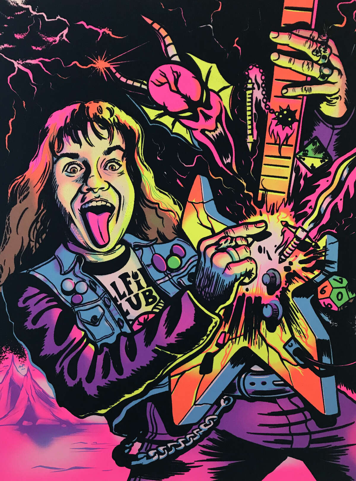A black-light poster of Eddie Munson from "Stranger Things" designed by artist Marty "Riet" McEwen and printed by Cat Palace Screen Printing in Selma.