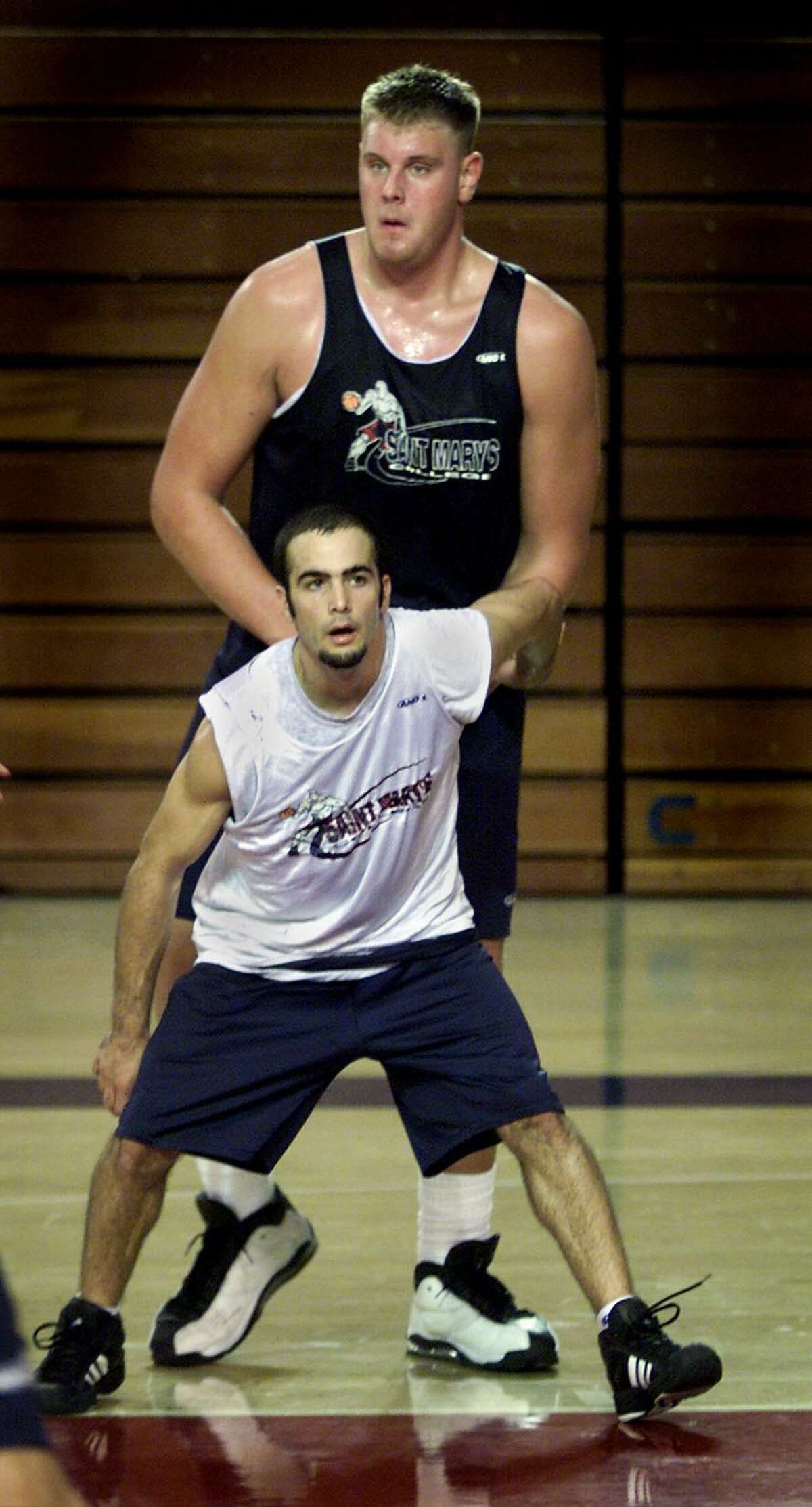 ST MARY'SMILLARD-C-03NOV99-SP-MJM St Mary's seven foot basketball center Brad Millard is even bigger this year. He dwarfs over team mate Frank Allocco during an early morning practice. CHRONICLE PHOTO BY MICHAEL MALONEY
