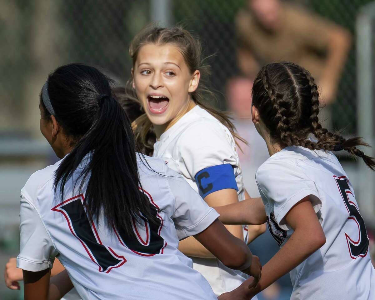 Chatham sophomore Addison Perry celebrates a goal during a game against Maple Hill at Maple Hill High School in Castleton-on-Hudson, NY, on Monday, Sept. 26, 2022. (Jim Franco/Special to the Times Union)