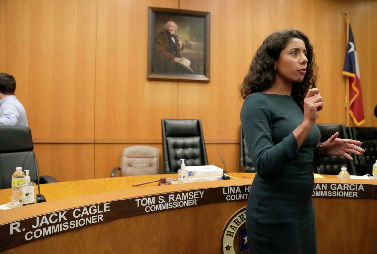 Harris County Judge Lina Hidalgo speaks to the media after the Harris County Commissioners Court went into executive session Tuesday, Sept. 27, 2022, in Houston. Republicans Jack Cagle of Precinct 4 and Tom Ramsey of Precinct 3 did not attend the Commissioners Court.