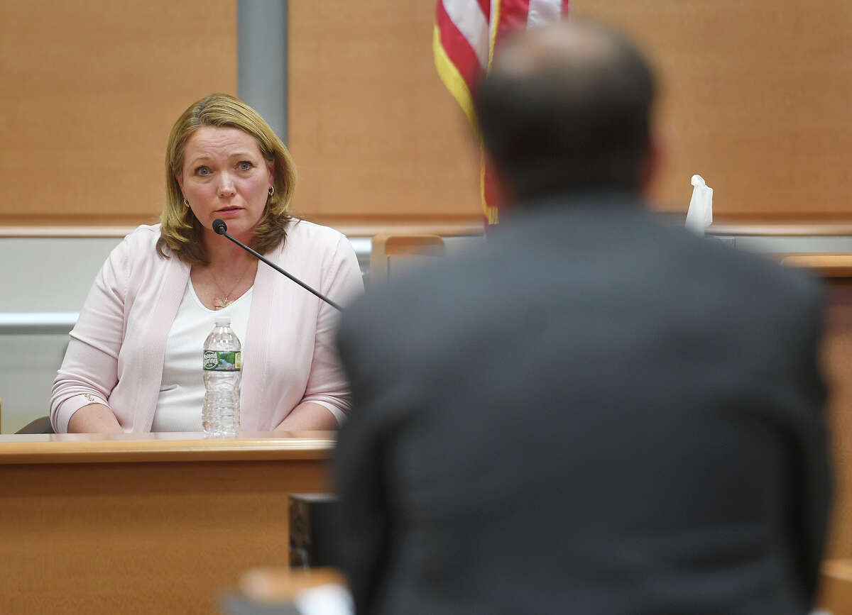 Nicole Hockley, mother of deceased Sandy Hook Elementary student Dylan Hockley, answers questions from lawyer Chris Mattei during her testimony in the Alex Jones defamation trial at Superior Court in Waterbury, Conn. on Tuesday, September 27, 2022.