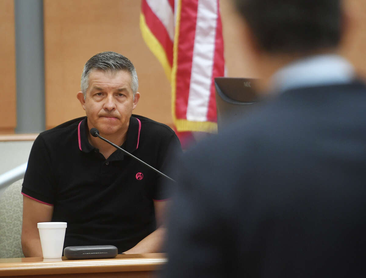 Ian Hockley, father of deceased Sandy Hook Elementary student Dylan Hockley, answers questions from lawyer Josh Koskoff during his testimony in the Alex Jones defamation trial at Superior Court in Waterbury, Conn. on Tuesday, September 27, 2022.
