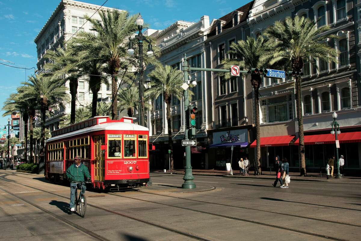 A streetcar is seen on Canal Street in New Orleans.