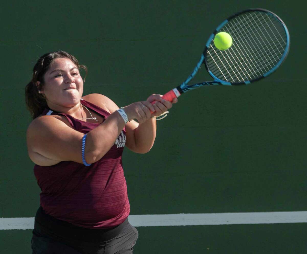 Legacy High's Atyina Reyes returns a shot during doubles play against Midland High 09/27/2022 at the Midland High tennis courts. Tim Fischer/Reporter-Telegram