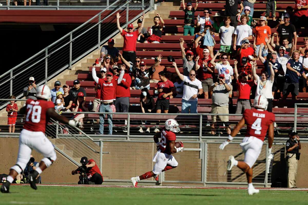 Stanford running back E.J. Smith scores a touchdown during the first quarter of the team's NCAA college football game against Colgate in Stanford, Calif., Saturday, Sept. 3, 2022. (AP Photo/Josie Lepe)