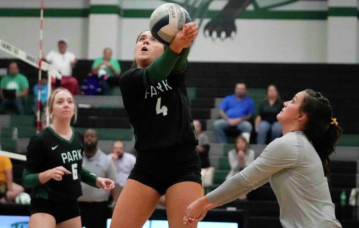 Kingwood Park's McKynzie Wallace (4) passes during a high school volleyball match against Huntsville, Tuesday, Sept. 27, 2022, int Kingwood, TX.