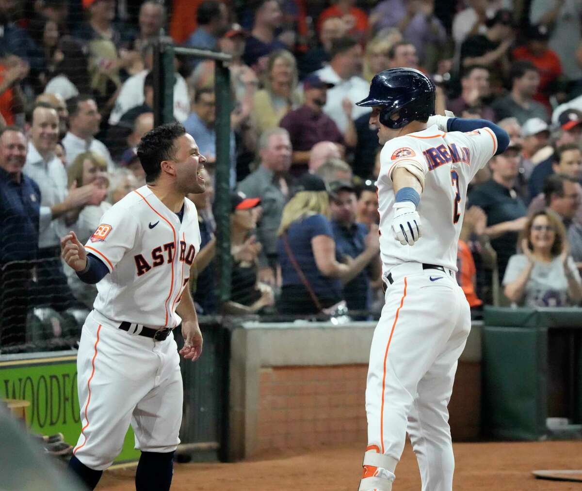 Houston Astros Carlos Correa celebrates with Jose Altuve after hitting a  two-run home run against the Los Angeles Dodgers in the seventh inning in  the 2017 MLB World Series game five at