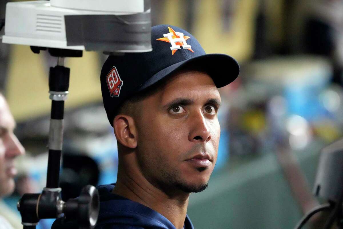 Houston Astros Michael Brantley in the dugout during the eighth inning of an MLB baseball game at Minute Maid Park on Tuesday, Sept. 27, 2022 in Houston.