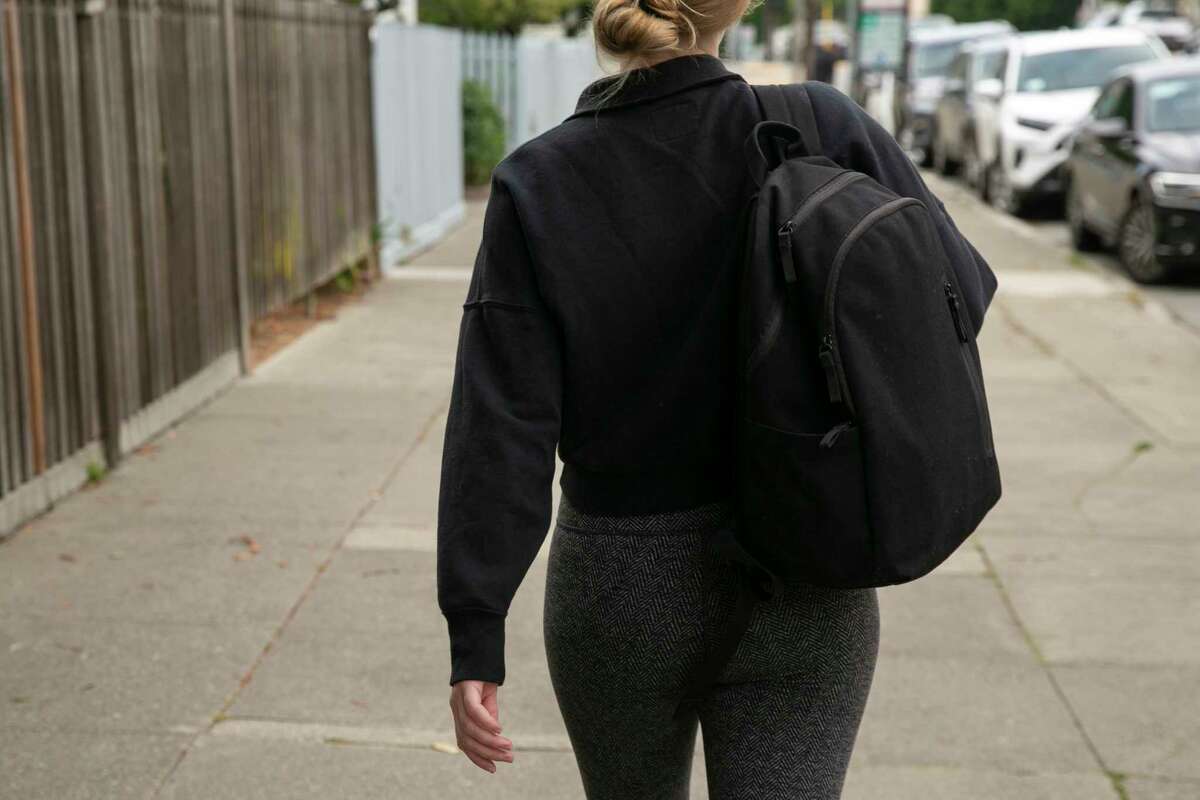 Olivia walks the route she takes to the gym in San Francisco Calif. on Monday, September 26, 2022. Olivia was harassed a few months ago on the way to the gym, by the man who's allegedly been terrorizing women around San Francisco.