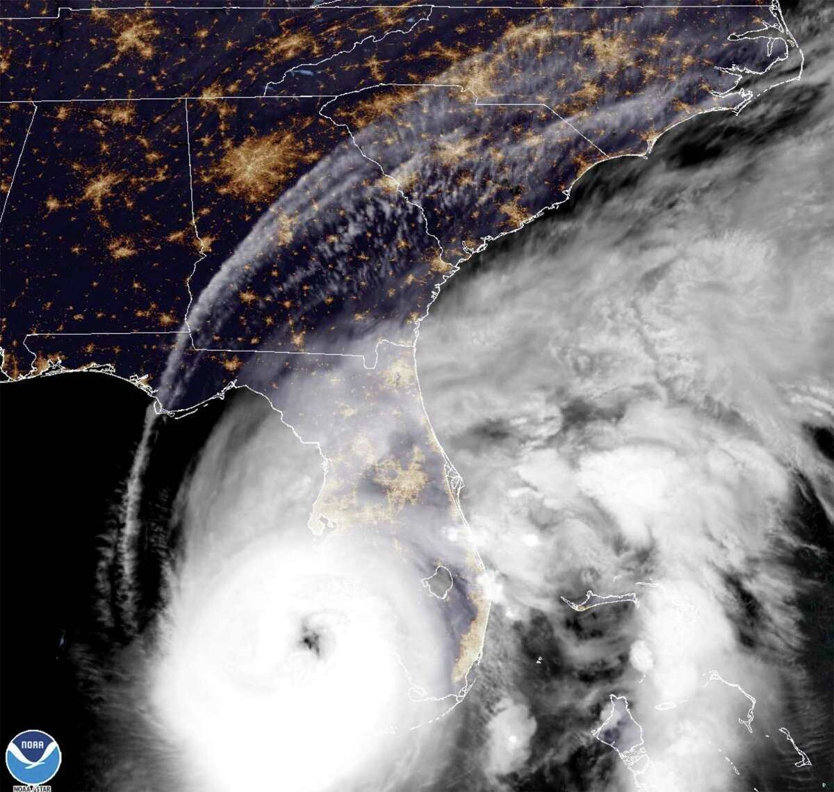 This satellite image provided by NOAA shows Hurricane Ian off Florida's southwest coast Wednesday, Sept. 28, 2022. The U.S. National Hurricane Center says Ian has rapidly intensified off Florida's coast, gaining top winds of 155 mph, just shy of the most devastating Category 5 hurricane status. (NOAA via AP)