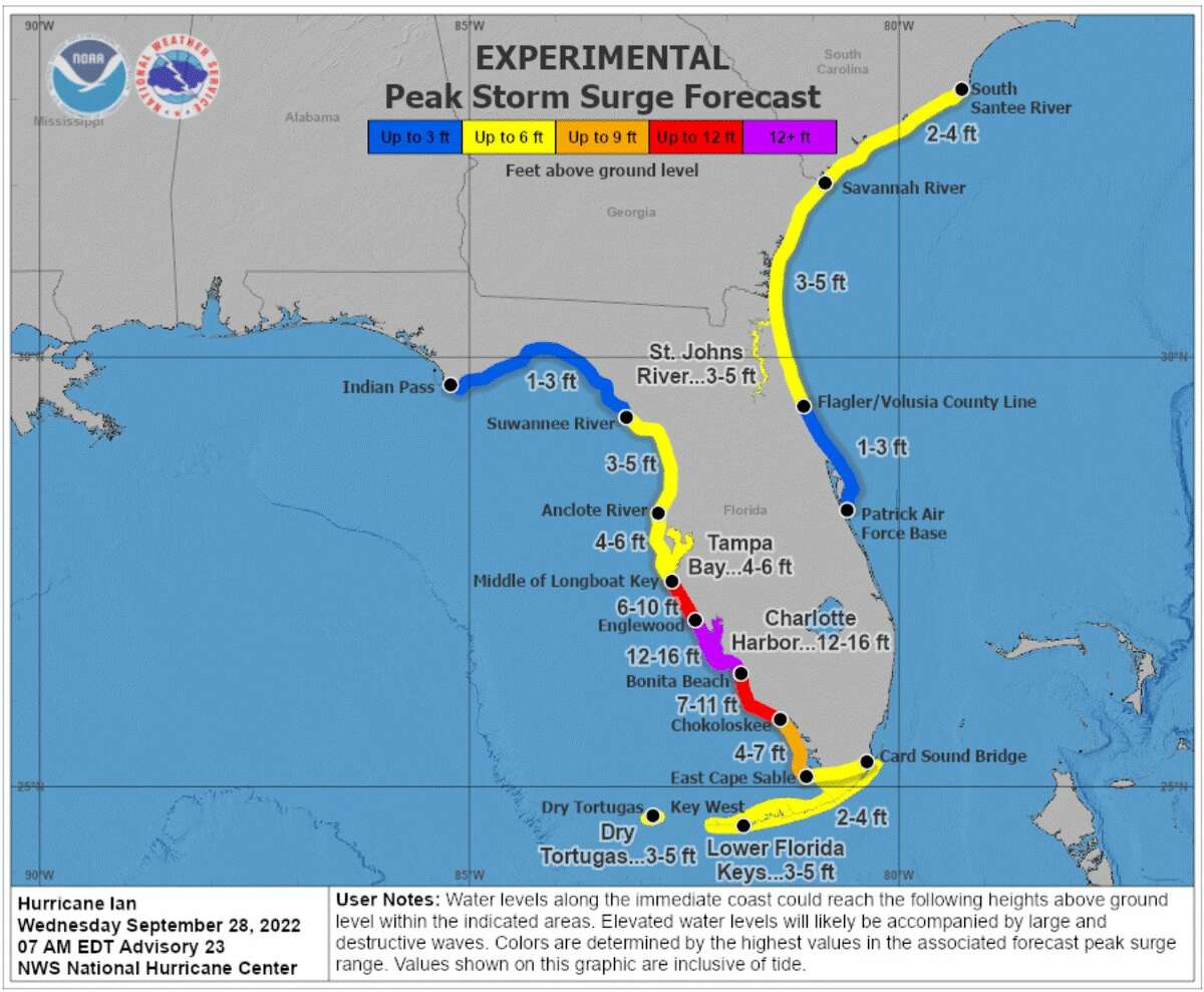 Map shows Hurricane Ian storm surge impact on Florida's coast