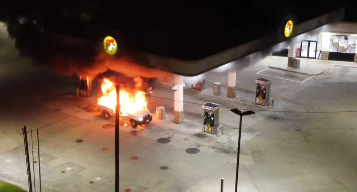 A Texas man set fire to his pickup truck next to a set of gas pumps at a Buc-ee’s in Freeport this week. Drone footage shows what the scene looked like Monday night. 