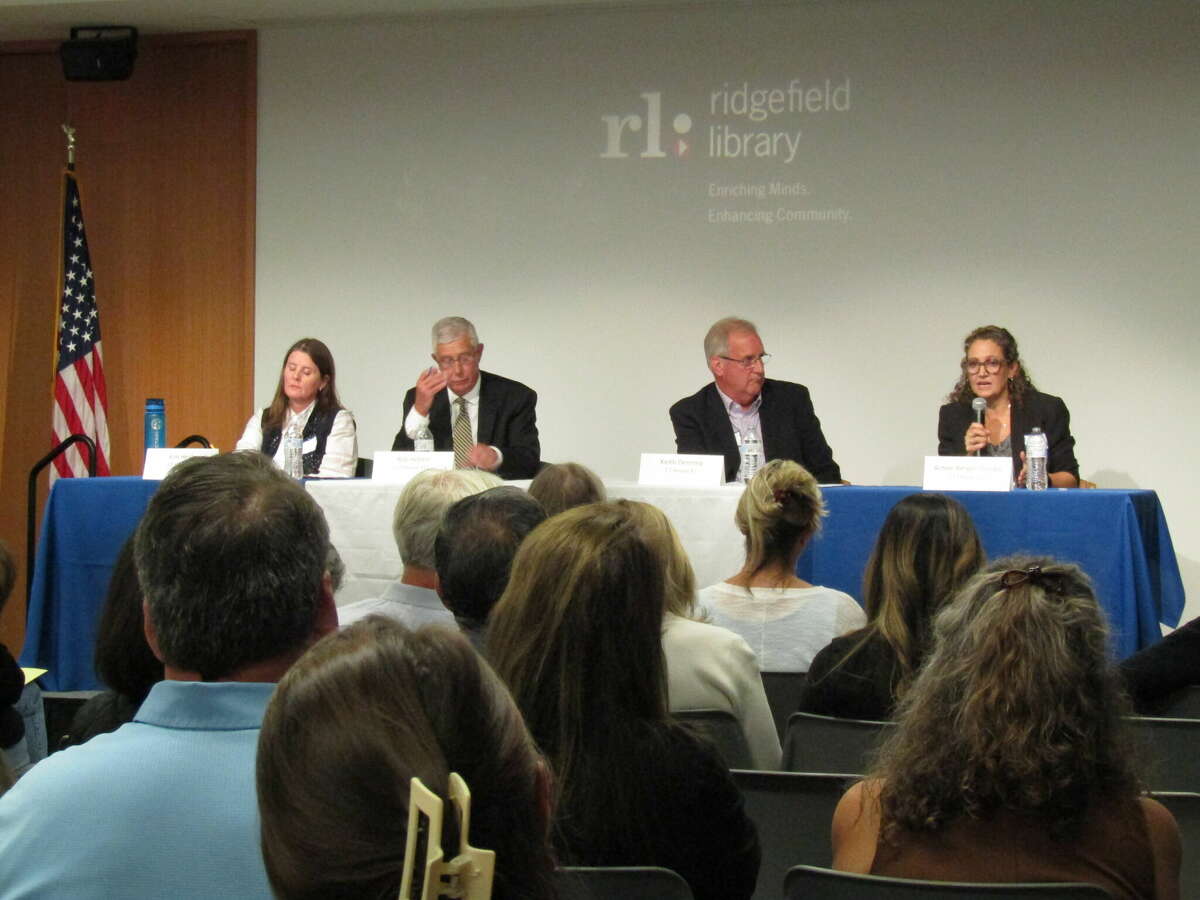 From left, CT House District 42 candidates Kim Healy (R), CT House District 111 candidate Robert Hebert (R), CT House District 42 candidate Keith Denning (D) and CT House District 111 candidate Aimee Berger-Girvalo (D) presented their candidacies for office at the Candidates' Forum held at the Ridgefield Library on Sept. 27.