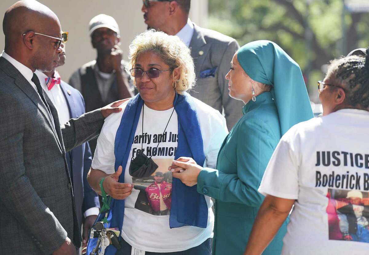 Family of Roderick Brooks and their lawyers hold a press conference Wednesday outside the Harris County Administration Building. The family filed a federal civil rights lawsuit against the officer who shot Brooks, Harris County Sheriff’s Office, Harris County, Harris County Commissioners Court and Harris County Judge Lina Hildago.