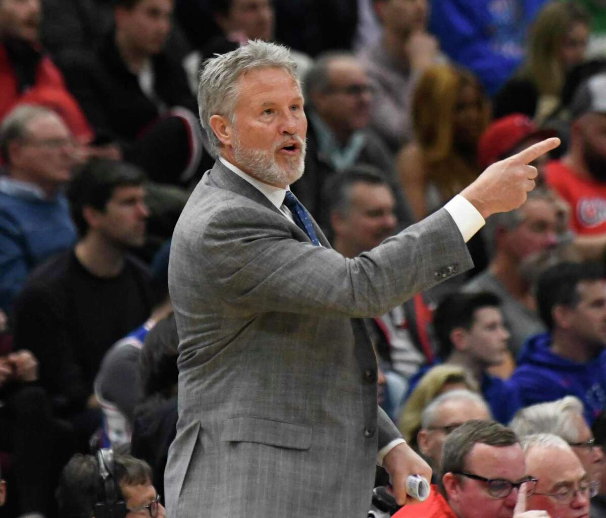 Philadelphia 76ers head coach Brett Brown gestures to his team during the second half of an NBA basketball game Wednesday, March 6, 2019, in Chicago. The Bulls won 108-107. (AP Photo/David Banks)
