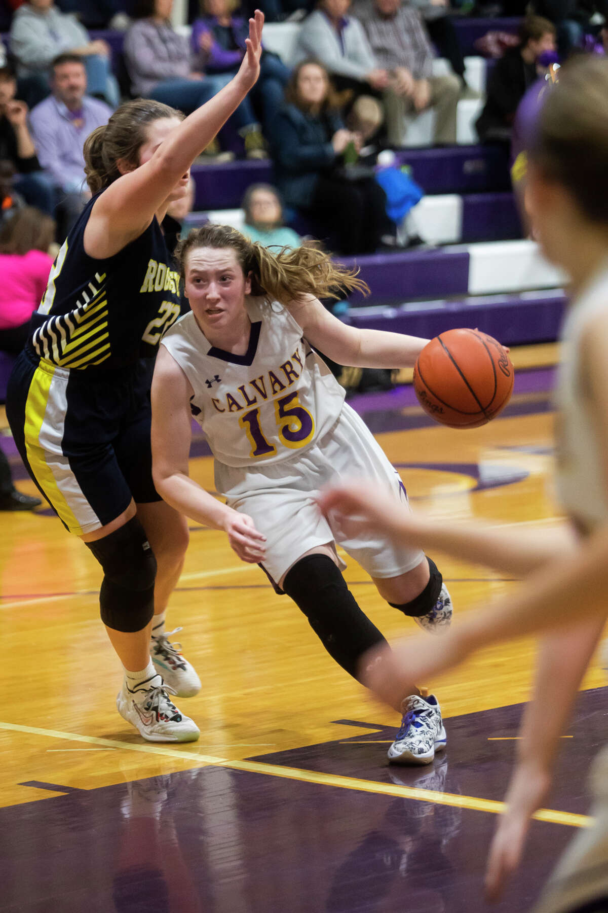 CBA's Caitlyn Dickerson drives to the rim during a Feb. 11, 2022 game against Rochester Hills Christian. Dickerson scored 23 points in Friday's win over Caseville.