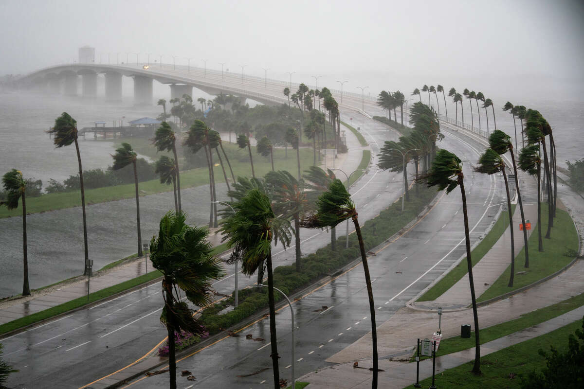 SARASOTA, FL - SEPTEMBER 28: Wind gusts blow across Sarasota Bay as Hurricane Ian churns to the south on September 28, 2022 in Sarasota, Florida. The storm made a U.S. landfall at Cayo Costa, Florida this afternoon as a Category 4 hurricane with wind speeds over 140 miles per hour in some areas. (Photo by Sean Rayford/Getty Images)