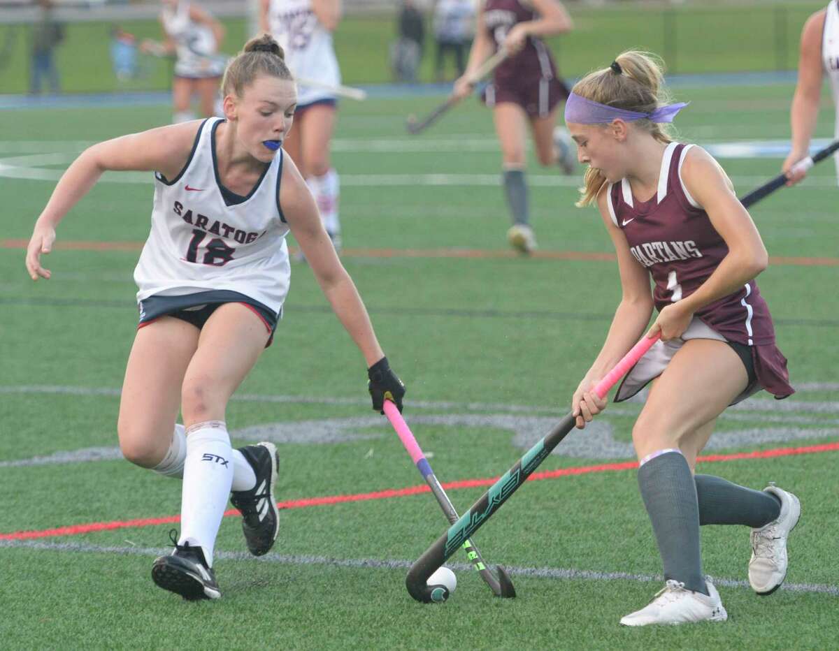 Saratoga’s Charlotte Drabek attempts to steal the ball from Burnt Hills-Ballston Lake forward Lily Mastrella during a game at Saratoga Springs on Wednesday, Sept. 28, 2022. (Jenn March, Special to the Times Union)