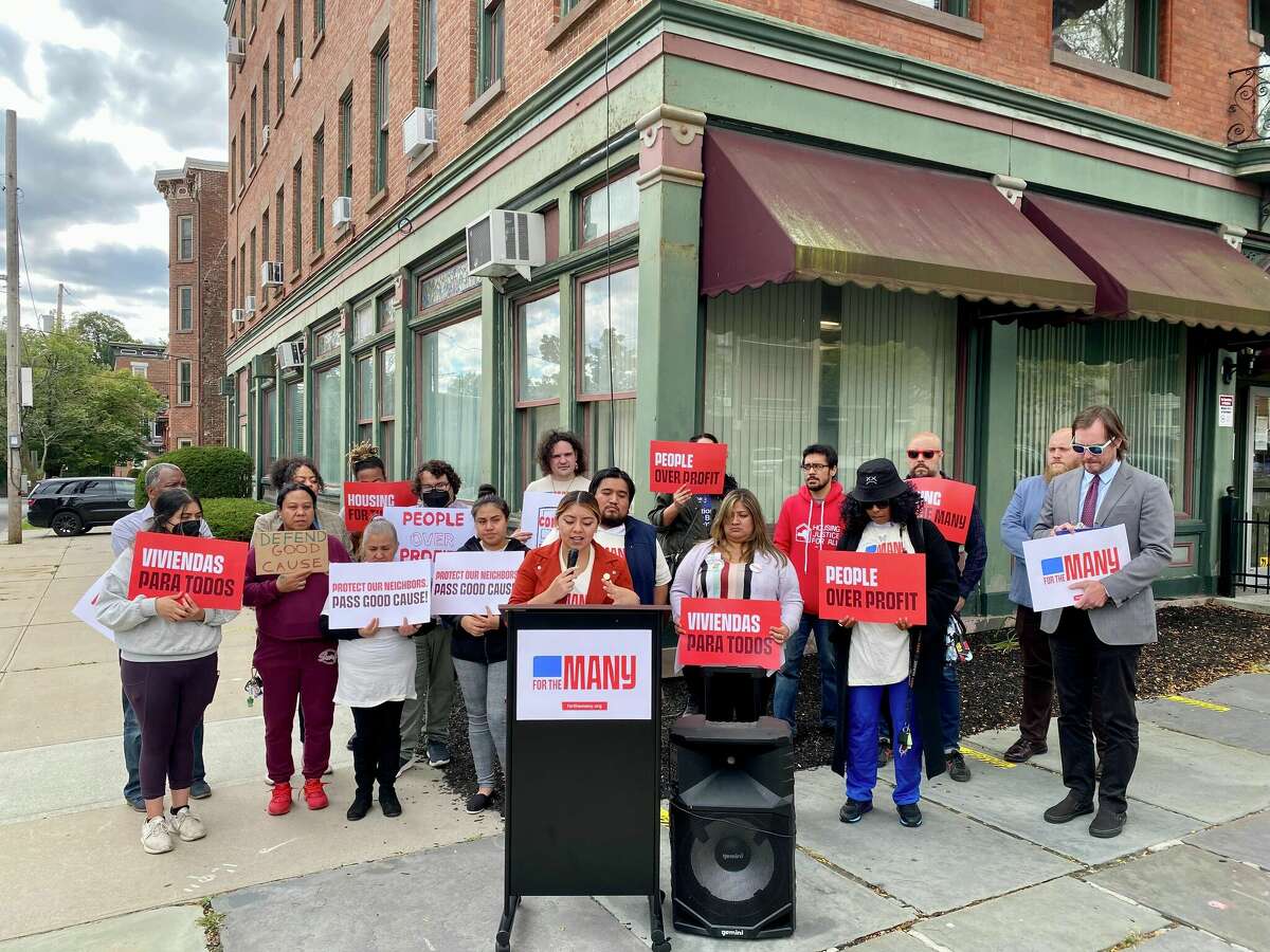 Councilor Giselle Martinez speaks at a press conference organized by For the Many on September 27 outside Newburgh Town Hall.  Newburgh supporters "good cause" eviction law rallied to condemn a lawsuit by landlords challenging local law.