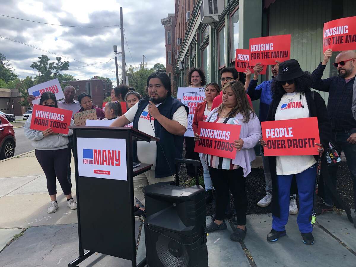 Rene Mejia Jr. speaks at a news conference rallying support for Newburgh's "good-cause" eviction law that's being challenged in court by landlords. The conference was hosted by For the Many on Sept. 27 outside Newburgh City Hall.