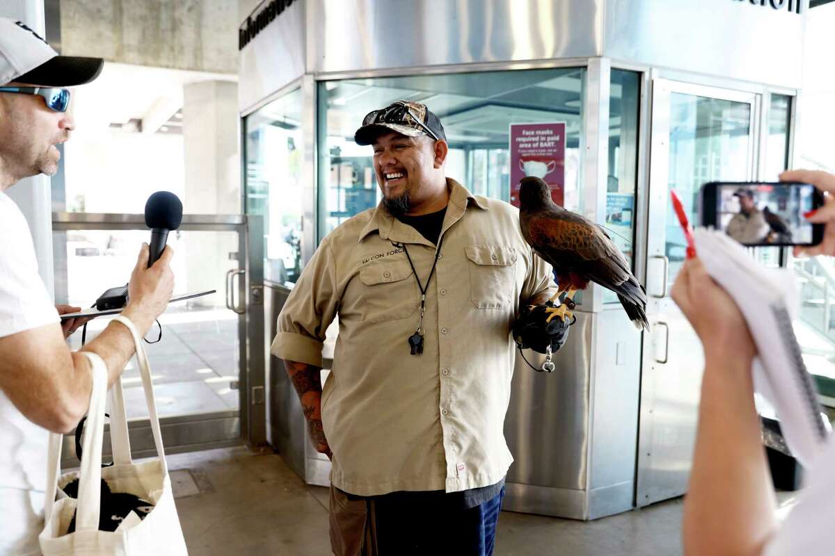 San Francisco Chronicle columnist Heather Knight and culture critic Peter Hartlaub meet Ricky Ortiz and his falcon Pac-Man who is hired to control pests at El Cerrito Del Norte Station in El Cerrito, Calif. Wednesday, September 28, 2022 during their attempt to ride all of the Bay Area's 27 transit agencies in one day.